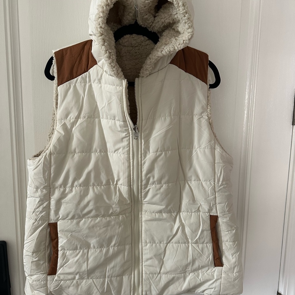 White and Brown Reversible Hooded Puffer Vest